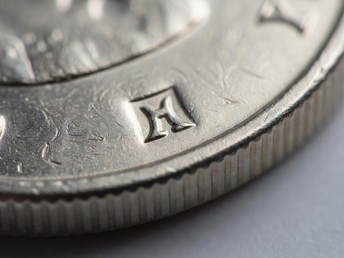 Macro shot of the edge of a silver coin highlighting the mint mark