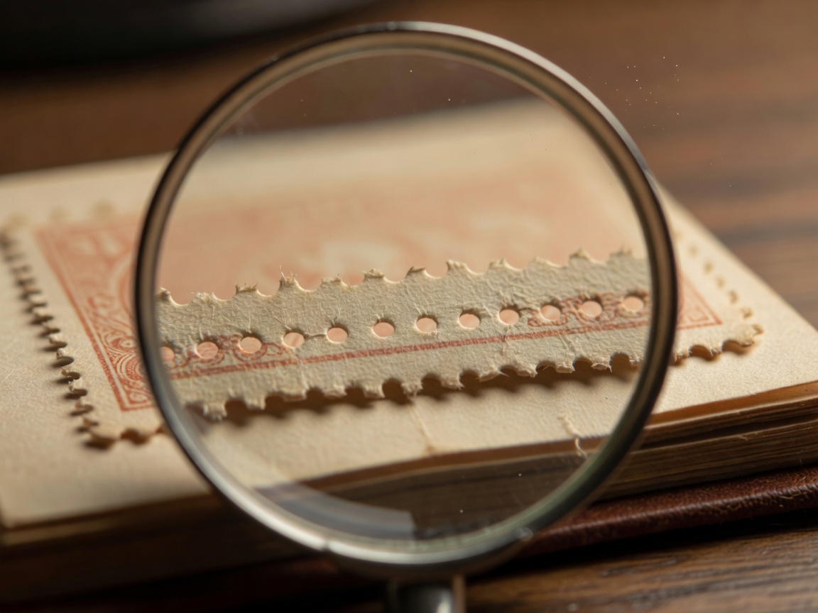 Extreme close up of vintage stamp perforations under a magnifying loupe