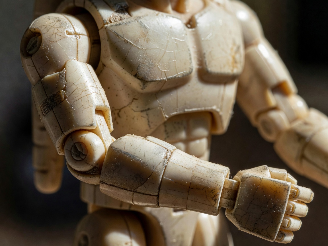 Macro view of a 1980s action figure showing joint wear and plastic degradation