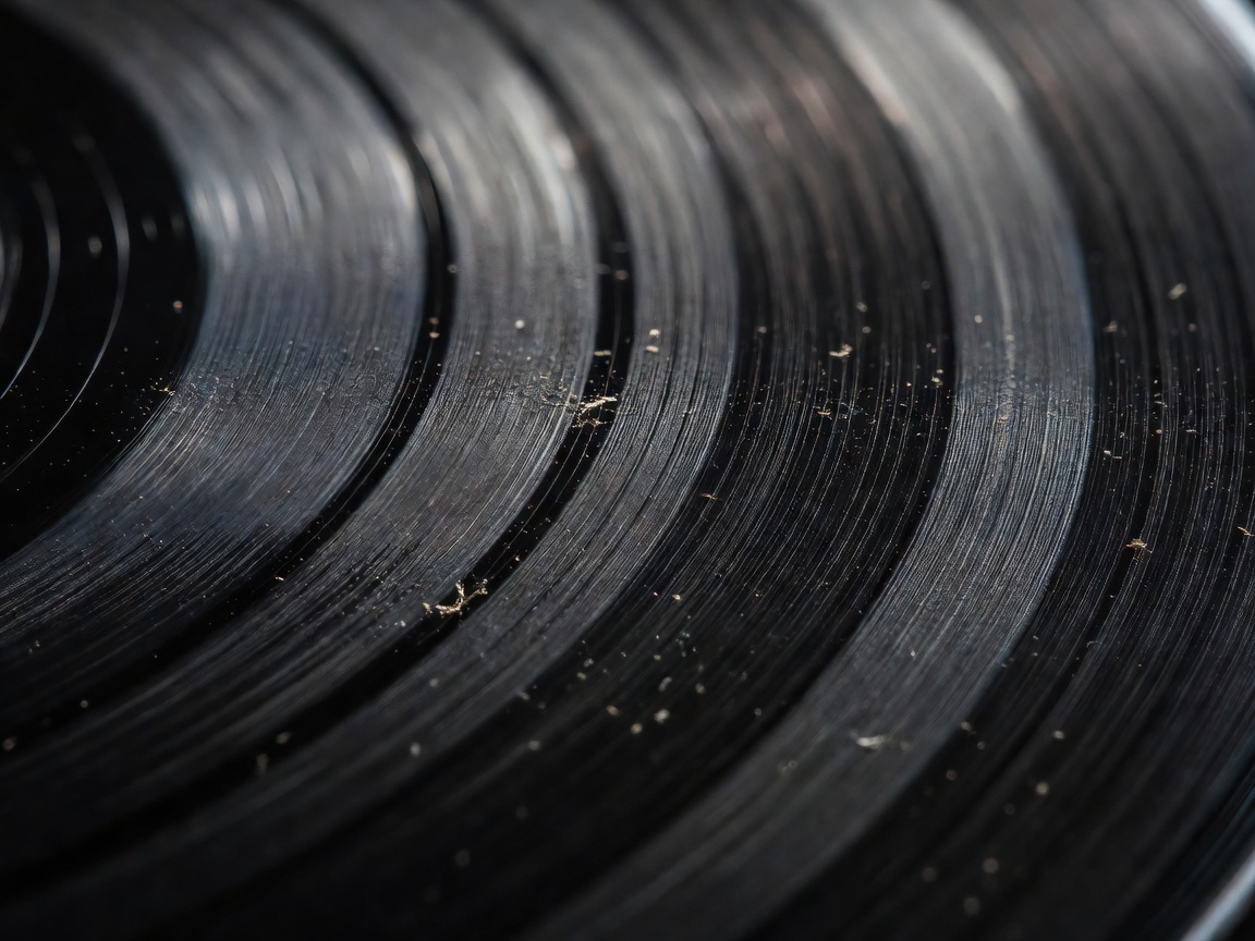 Macro photography of dust sitting within the microscopic grooves of a vinyl record